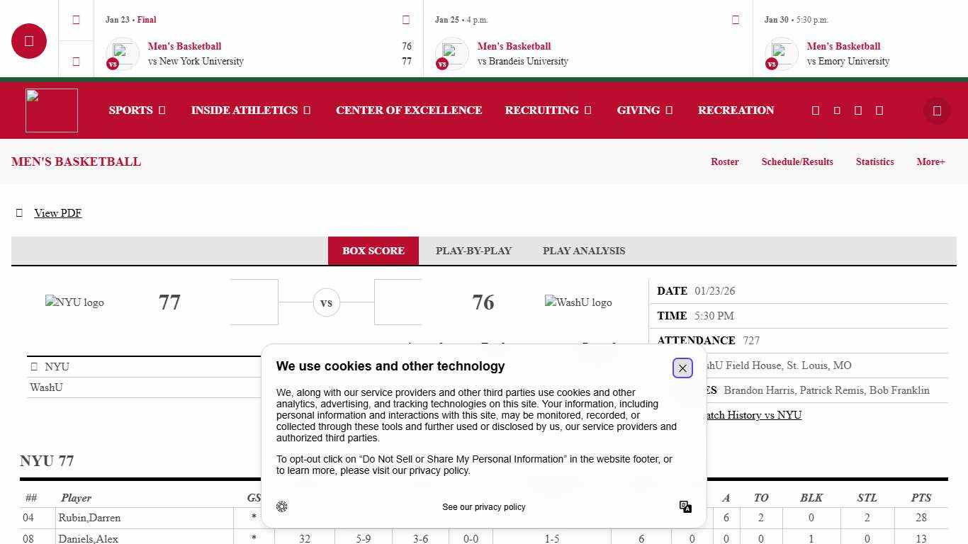 Men's Basketball vs New York University on 1/23/2026 - Box Score - Washington University in St. Louis
